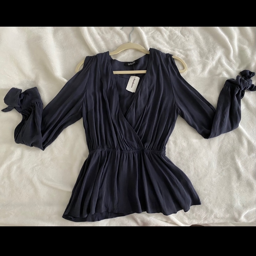 Navy Peplum Open Shoulder Top